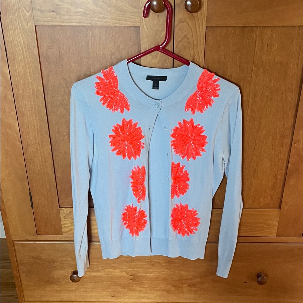 J. Crew Light Blue Cardigan with Neon Coral Floral Sequin Appliqués